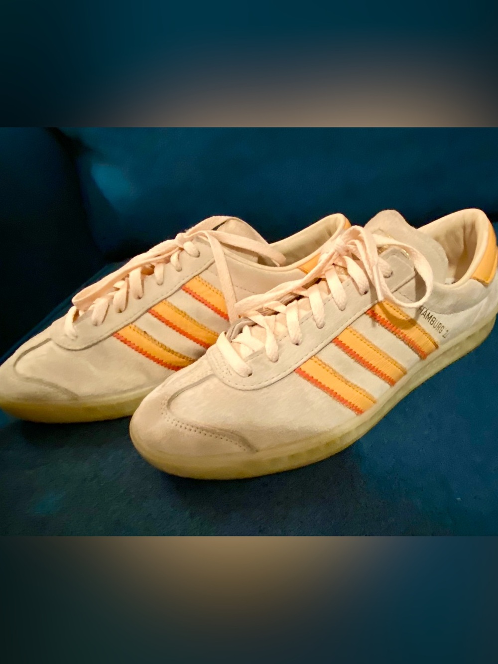 adidas creme Hamburg 24 Suede Sneakers with Orange and pink Stripes W10/M8.5